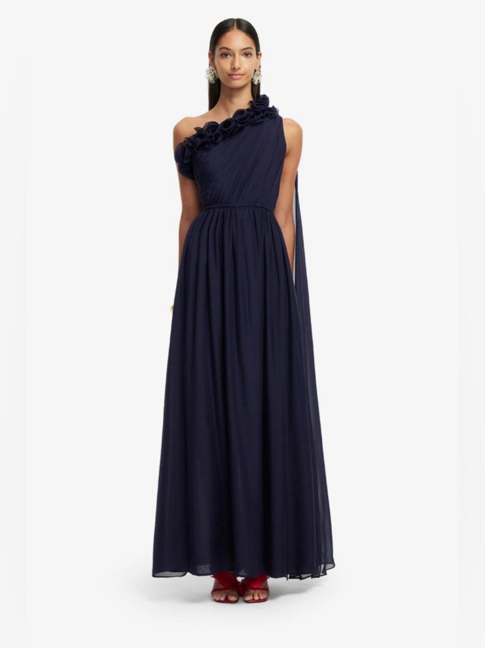 LEO LIN Jenni Indigo Dark Blue Rosette One Shoulder Silk Maxi Gown AU8/NW4 NWT